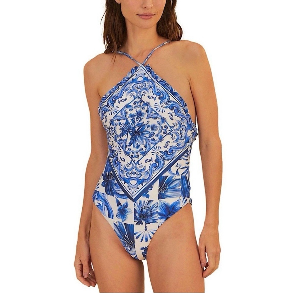 NWT Farm Rio Blue White Garden of Tiles one piece swimsuit M